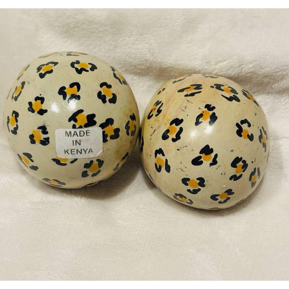 Kenya Soap Stone Egg African hand-carved leopard print design Set Of 2 Retro